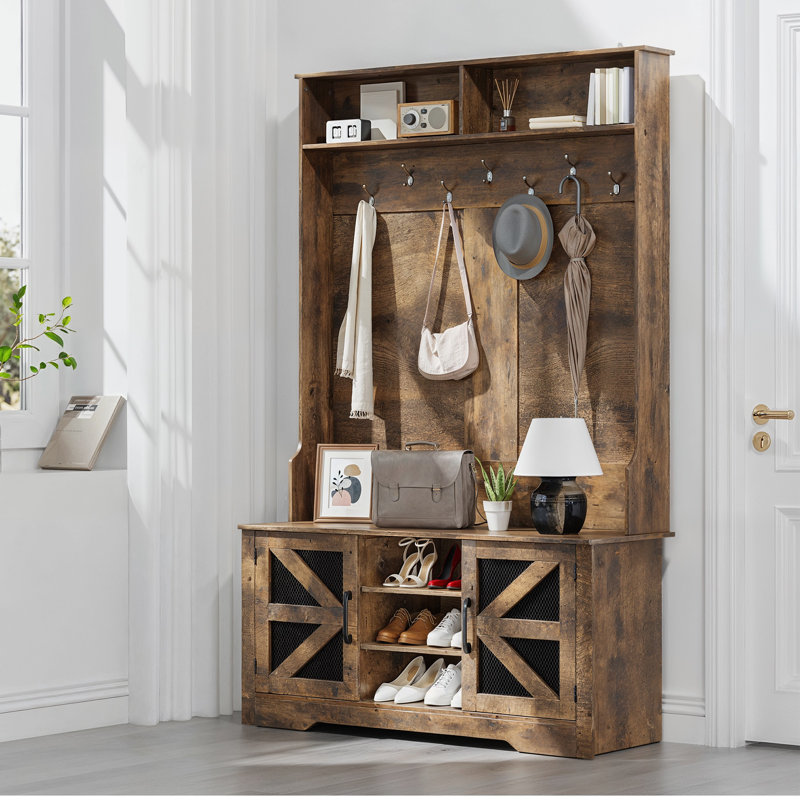 Beitske 5-in-1 Hall Tree with Storage Bench and Magnetic Doors, Retro Entryway Organizer with Coat Rack, Shoe Cubbies, Hooks & Upper Shelf for Foyer or Mudroom