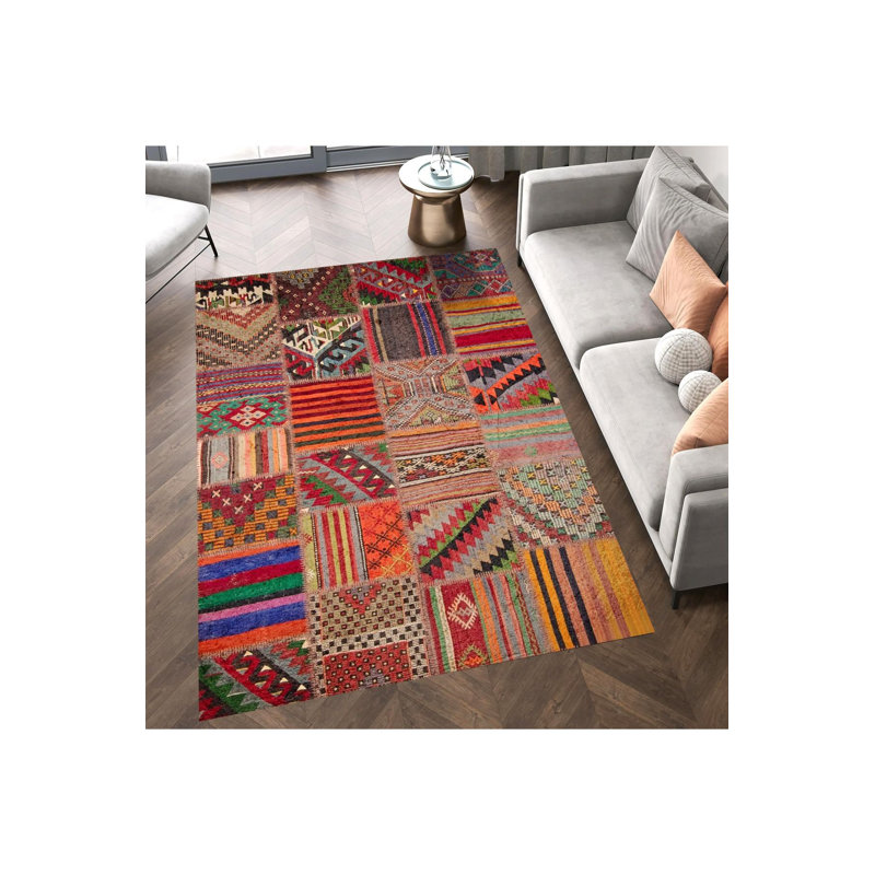 Machine Washable  Multicolor Patchwork Look Woven Base Modern Decorative Rug, Rectangle 5'1" x 7'7"