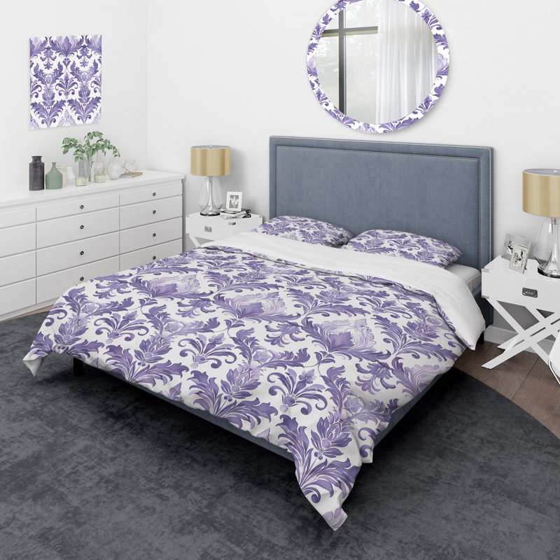 Ensemble de housse de couette transitionnel Lavender White Damask Bliss I, Housse de couette simple et deux taies décorative