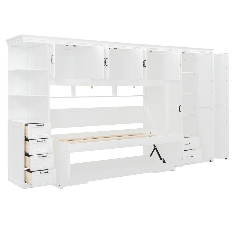 Lit escamotable Murphy avec garde-robe, armoire et bureau intégrés pour une utilisation compacte et multifonctionnelle, Blanc