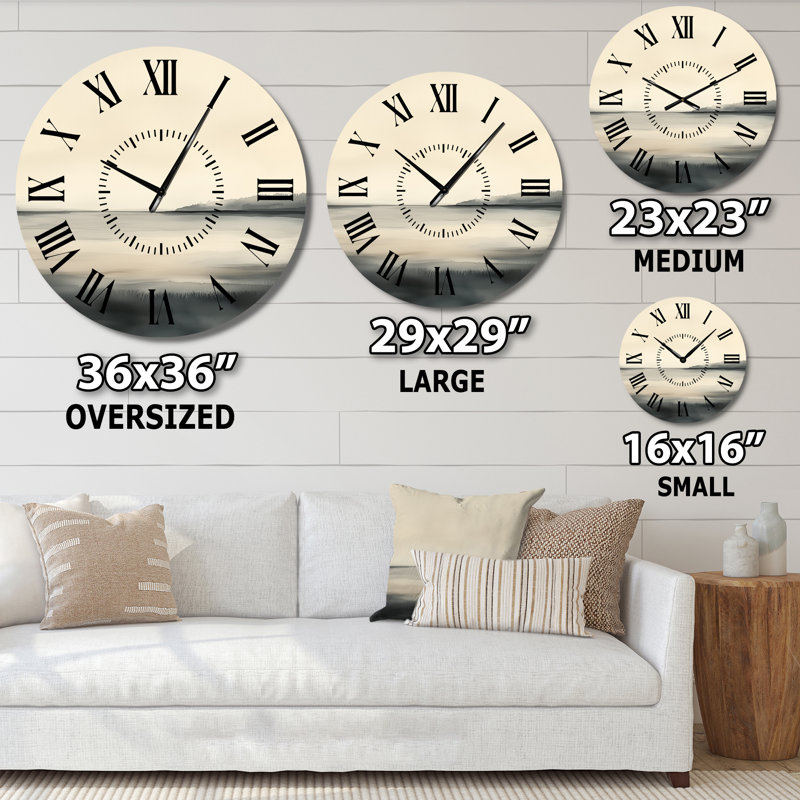 Horloge murale Beige Lake Horizon Calm Nature III, Surdimensionné