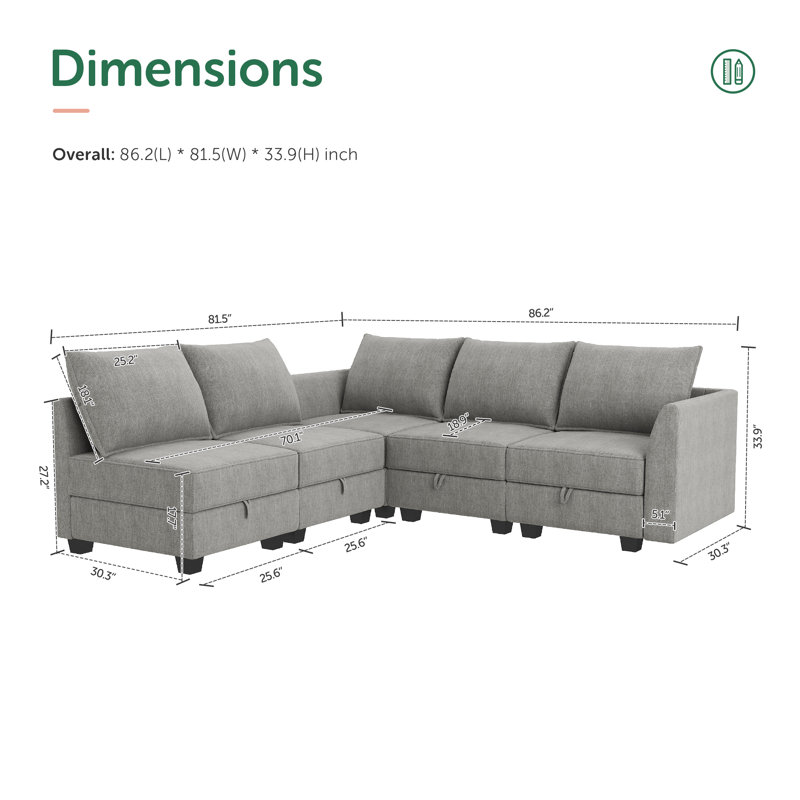 L-Shaped Modular Sectional Couch Reversible Modular Upholstered Sofa, Gray Polyester Blend