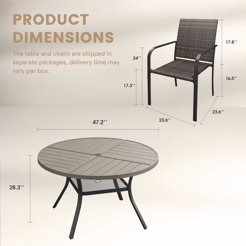 6-Person Outdoor Patio Dining Set With Wicker Chairs, Grey Woodlike
