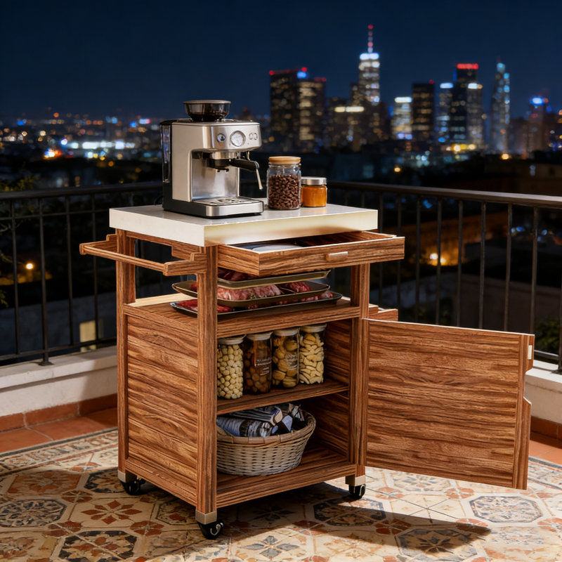 Wood Outdoor Kitchen Island with Stainless Steel Top, Wheels, and Integrated Gas Line Hole for Versatile Grilling and Serving.