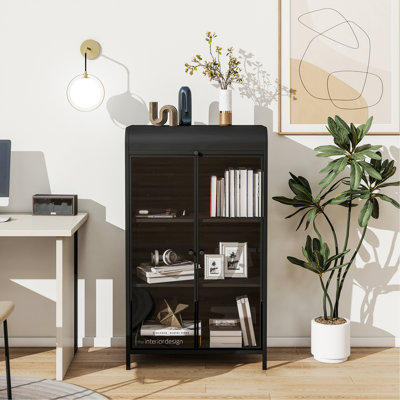 Armoire de rangement en métal avec portes en verre, vitrine à 4 niveaux avec tablettes ouvertes, buffet autoportant pour la cuisine, le salon