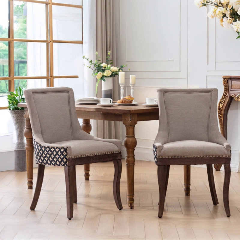 Chaise de salle à manger d'appoint en bois massif exquis avec coussin de qualité supérieure, Tissu beige
