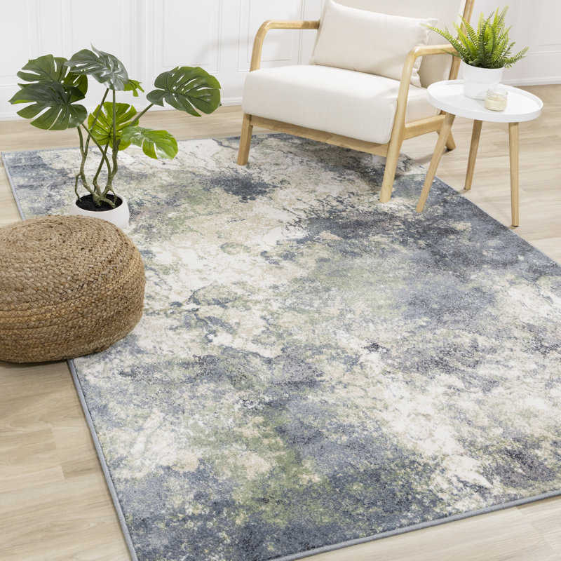 Abstract Blue and Green Synthetic Stain-Resistant Indoor Rug 7'10