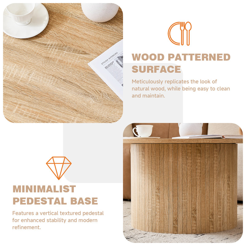 Table basse ronde moderne 31,5 po avec base en piédestal, finition grain de bois, naturel, Bois naturel / jaune