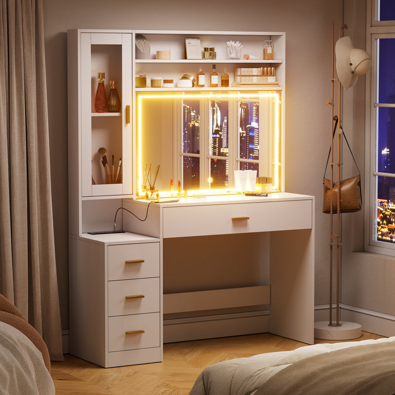 Coiffeuse blanche avec miroir éclairé, coiffeuse avec station de charge, coiffeuse avec 4 tiroirs et armoire de rangement avec 2 tablettes pour la chambre à coucher