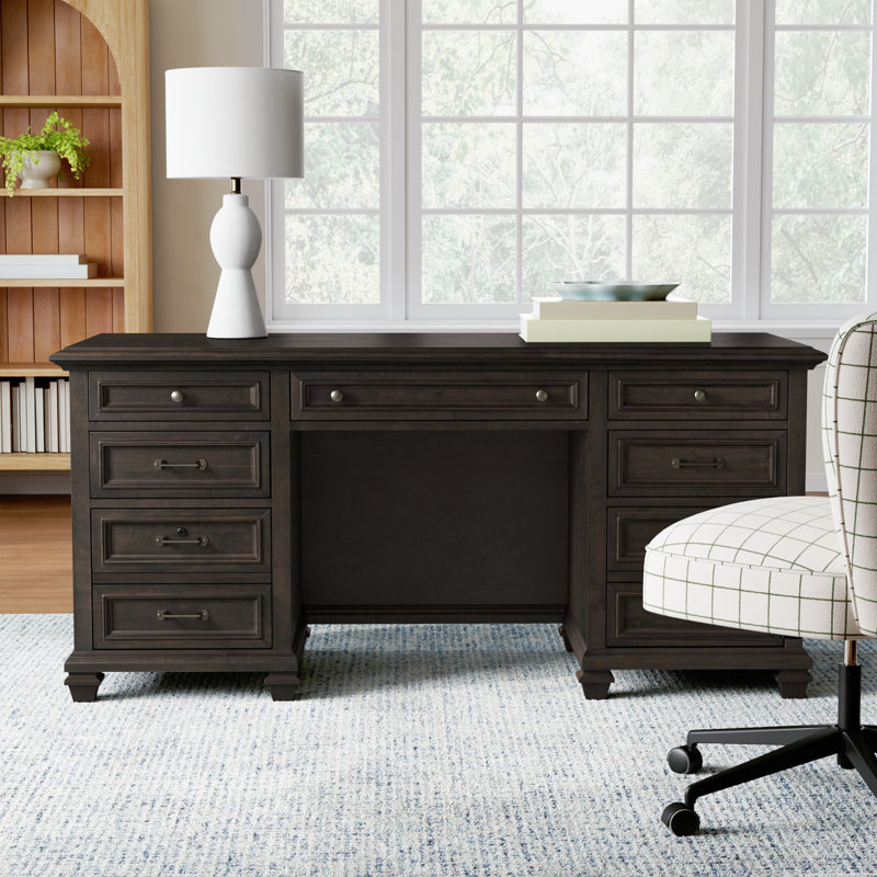Kerey Solid Wood Base Credenza Desk, Weathered Charcoal
