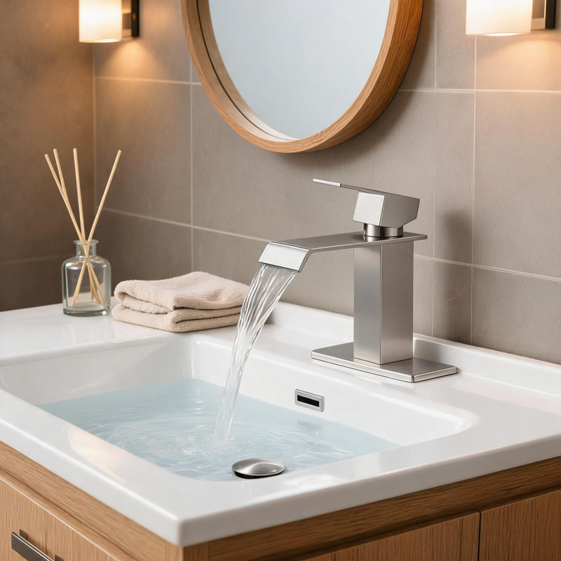 Robinet de lavabo pour salle de bain à poignée simple en nickel brossé avec bonde escamotable, Nickel brossé