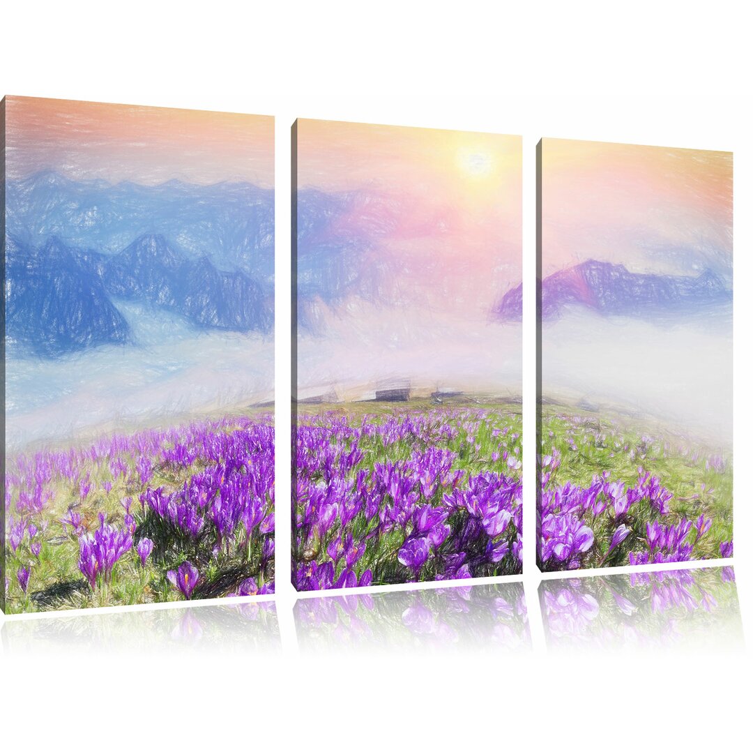 3-tlg. Leinwandbilder-Set „Blühende lilane Krokusse mit Aussicht auf die Berge“, Grafikdruck