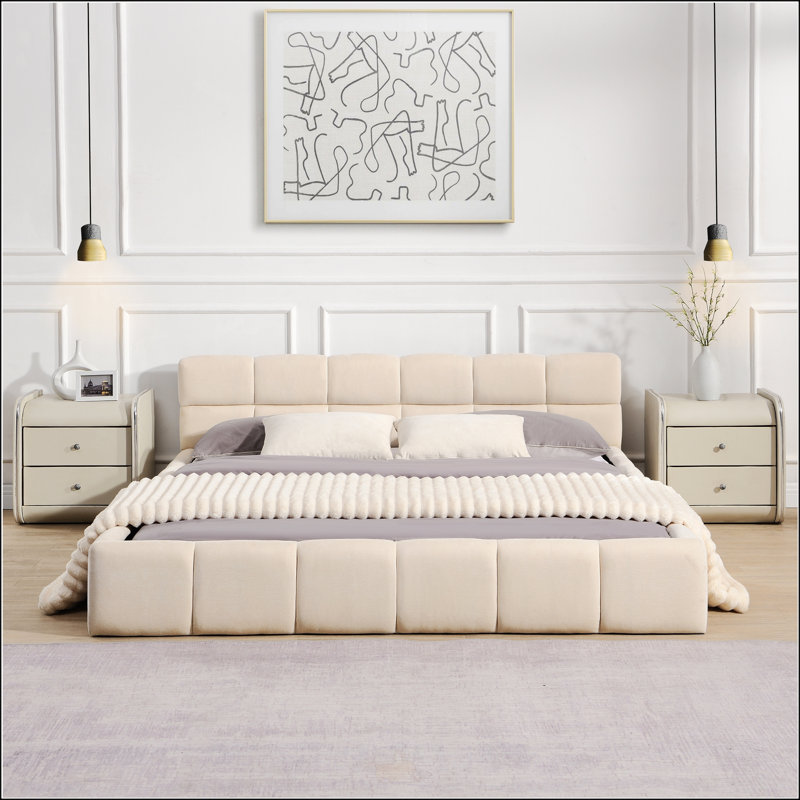 Lit tapissier élégant en chenille beige avec motif damier