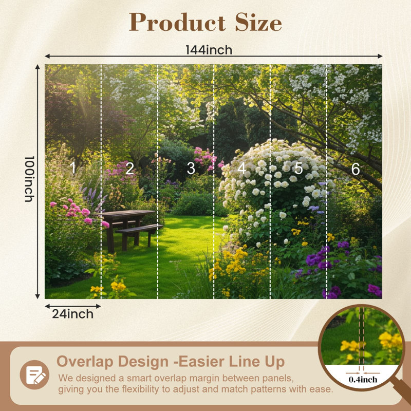 Panneau adhésif pelez et collez l 144 po x H 100 po moderne auto-adhésif pour jardin de chambre à coucher avec fleurs colorées et pelouse verte