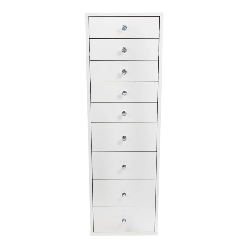9 Drawer Makeup Vanity Storage Unit with Soft Close Dresser with Crystal Lux Drawer Knobs, White