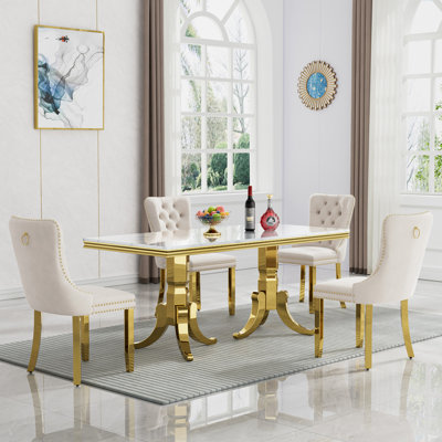 Modern Faux Marble Dining Table Set, Luxury 70" Dining Room Table with Velvet Upholstered Chairs, Luxurious Kitchen Table with Stainless Steel Pedestal, Dining Table Set