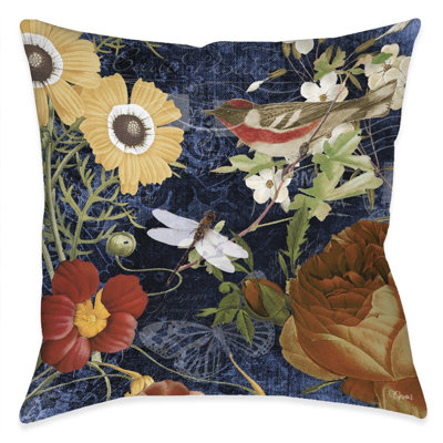 Vintage Floral Dragonfly Floral Outdoor Throw Pillow