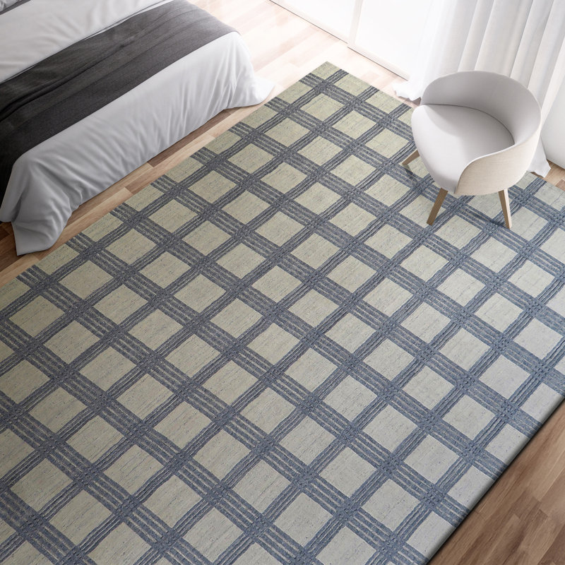 Tapis rectangulaire en laine / viscose noué à la main bleu / ivoire, Rectangle 6 pi x 9 pi