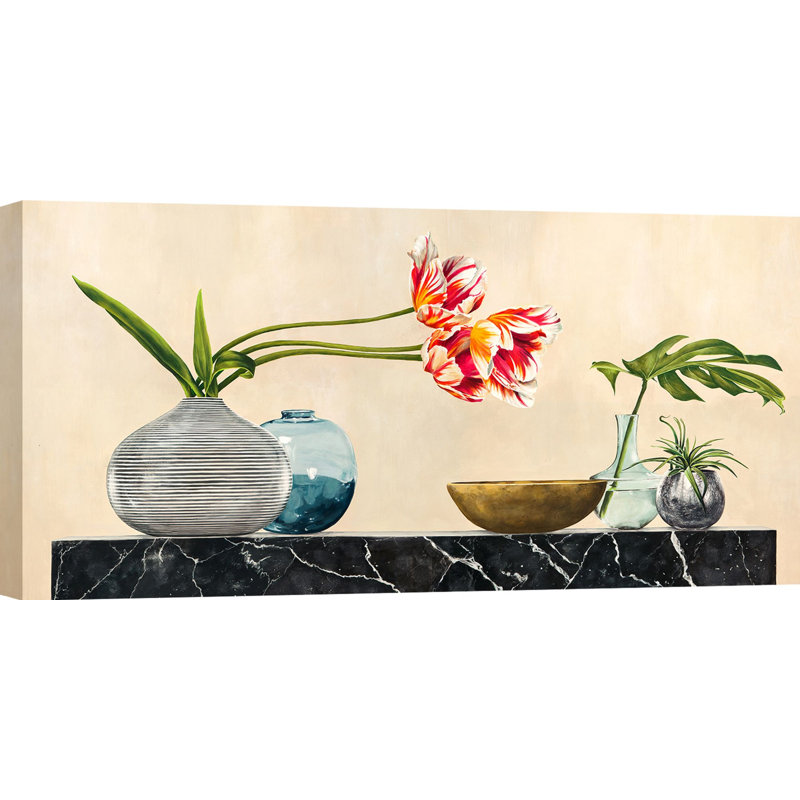 2JT6246 Floral Setting on Black Marble 1 Piece Wrapped Canvas Wall Art, 35cm H x 70cm W x 4cm D