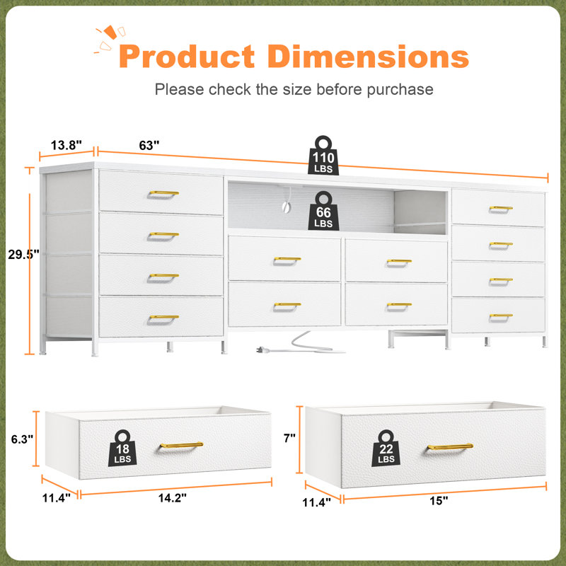 63" Long Tv Stand & Dresser With 12 Fabric Storage Drawers, Charging Ports & Led Lights, White