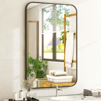 Miroir de salle de bain 24 po x 36 po, miroir de meuble-lavabo rectangulaire arrondi pour le mur, miroir moderne pour la décoration de chambre, miroirs muraux encadrés noirs pour la décoration intérieure, peut être suspendu horizontalement ou verticalement