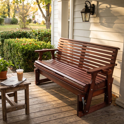 2-Person Wood Outdoor Glider Bench with Curved Slatted Back and Cup Holders, Dark Brown