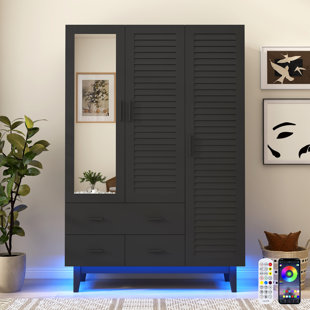 3-Door 71" Armoire Wardrobe With LED Lights, Mirror, Hanging Rod, 3 Drawers, And Shelves