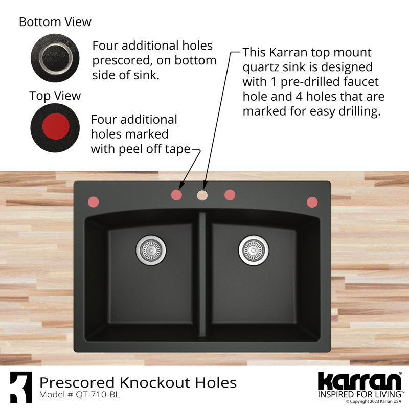 Karran Quartz 33'' X 22'' Double Bowl 50/50 Top Mount Drop-in Kitchen Sink Kit, Bisque