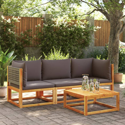 Ensemble de canapé de jardin en bois d'acacia massif gris, polyester, PE, rotin moyen