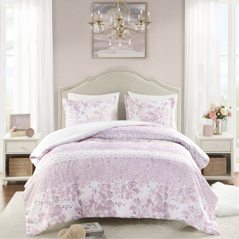 Housse de couette 2 pièces en microfibre à motif cachemire floral, 2 taies décoratives, douce et romantique, fermeture à boutons, style rétro lavable à la machine, attaches intérieures, rose
