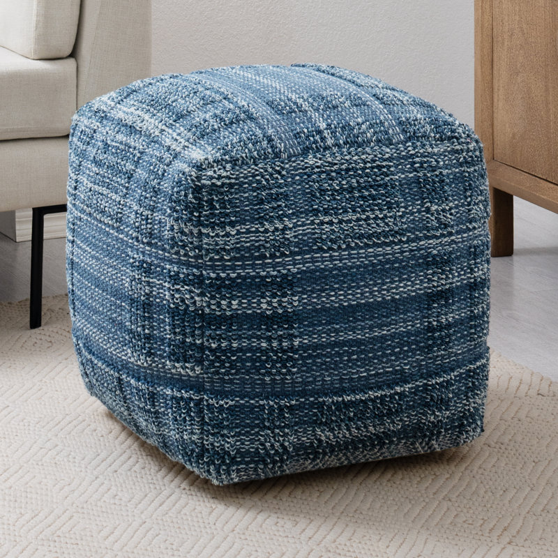 Yinka 18"H Two-Tone Striped Cotton Pouf Ottoman, Blue