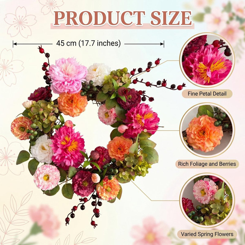 Couronne florale 17,7 po avec pivoines, renoncules et baies - porte vibrante multicolore