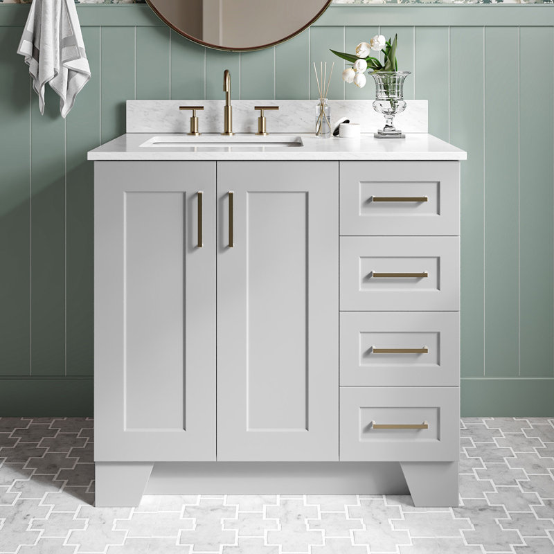 Ensemble de meuble-lavabo simple en bois massif 37 po gris Freitas avec plateau en marbre de Carrare 0,75 po, évier gauche et rectangulaire