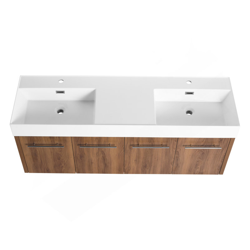Meuble-lavabo mural 60 po avec lavabo, lavabo à double rebord épais en résine, 59", Brun ébène, Centre