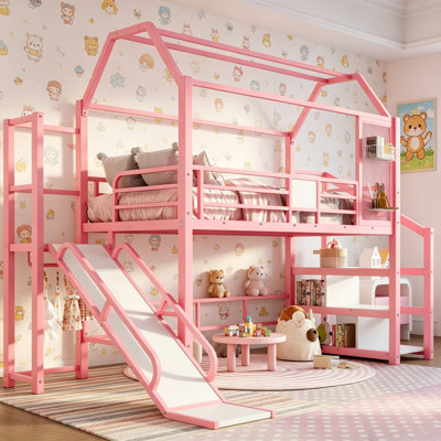 Lit mezzanine avec glissade et escalier, lit de jeu en métal avec tablettes de rangement, cadre de lit mezzanine avec toit en forme de maison et conception silencieuse, rose.