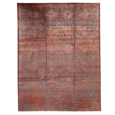 Tapis rectangulaire en viscose tissé à la main 9 pi x 11 pi 8 po en rouille / gris / bourgogne