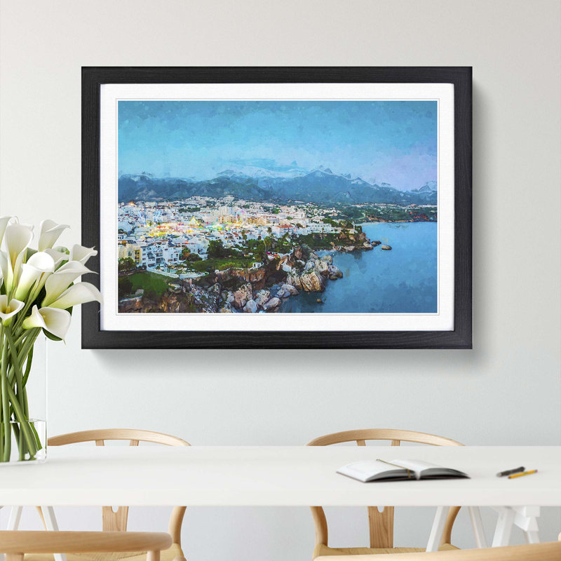 Skyline of Nerja in Spain in Abstract - Framed Print, 48cm H x 65cm W x 2cm D, Black Framed