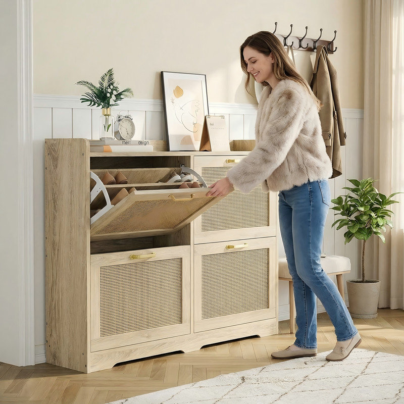 Rattan Shoe Storage Cabinet with 4 Flip Drawers, Hidden Shoe Storage Organizer Cabinet, Wide Freestanding Wood Breathable Shoe Rack Cabinet for Entryway, Hallway, Foyer, Natural Wood Color