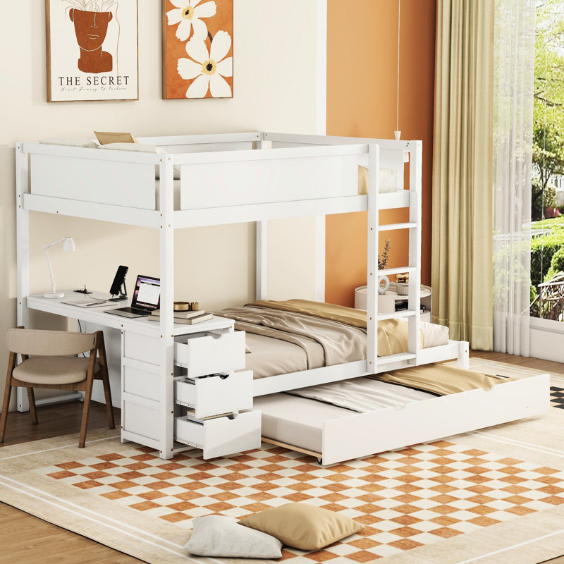 Lit superposé avec lit gigogne simple, bureau blanc et rangement - Créez une chambre fonctionnelle polyvalente pour les familles