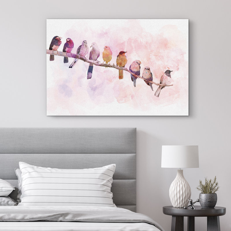 Rangée d'oiseaux reposant sur une branche sur une aquarelle sur toile, H 24 po x l 36 po x P 1,5 po