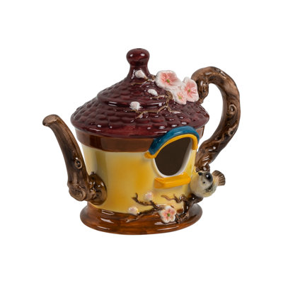 19.75" Long Hanging Porcelain Teapot Birdhouse with Robin "Robyn"