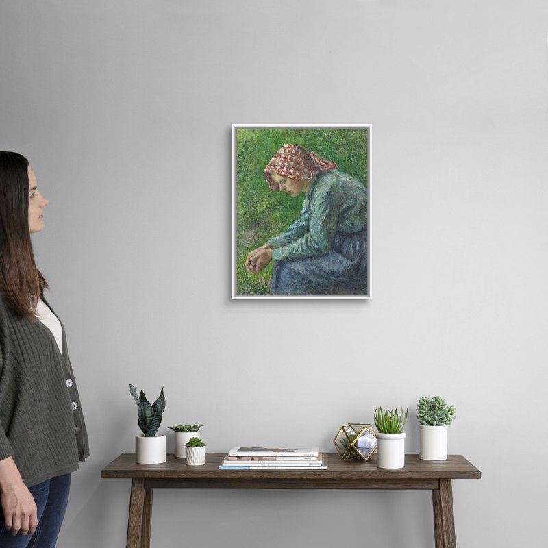 Reproduction d’art sur toile, "A sit paysanne Woman" par Camille Pissarro, Cadre blanc, H 22 po x l 18 po x P 1,75 po