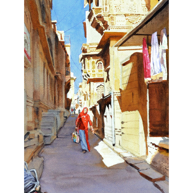 Retour du marché | Aquarelle sur papier | Par Ramesh Jhawar