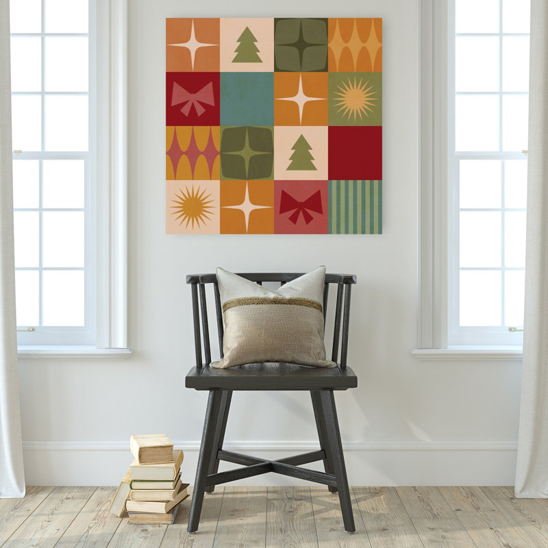 Impression d'art mural avec motif de Noël abstrait et coloré géométrique style années 50, sapin de Noël et paysage d'hiver