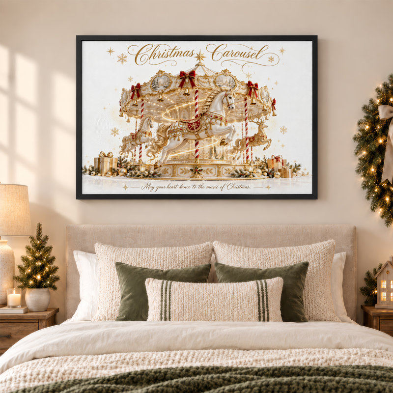 Art mural sur toile Golden Carousel avec chevaux blancs et boucles rouges, H 12 po x l 18 po