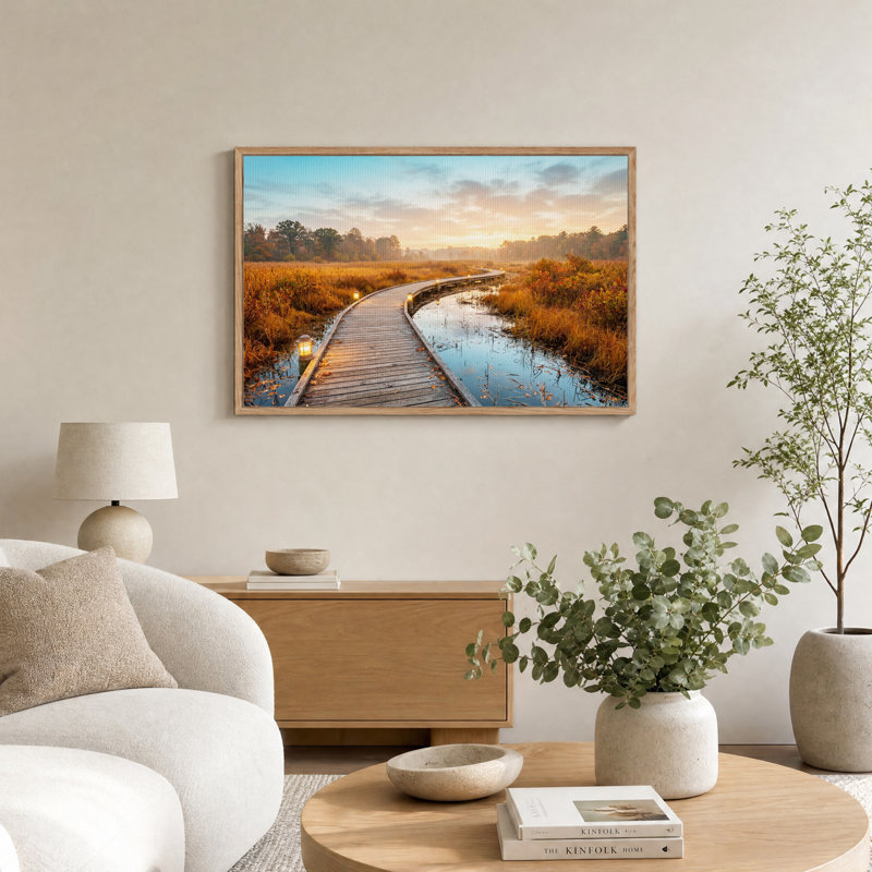 «Winding Wooden Boardwalk travers Marsh at Sunset», art mural sur toile, 36"H x 48"W