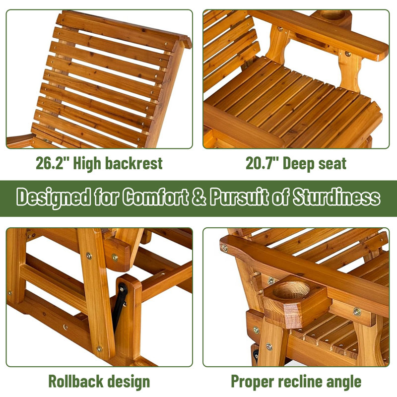 Fauteuil oscillant d'extérieur brun en bois de sapin massif pour 1 personne avec porte-gobelets