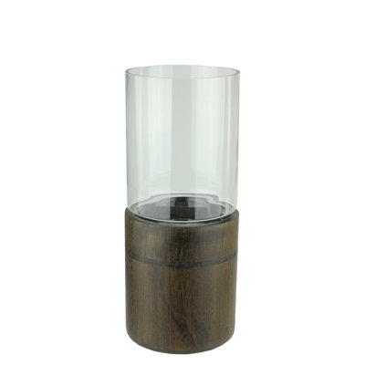 Clear Glass Hurricane Pillar Candle Holder with Wooden Base