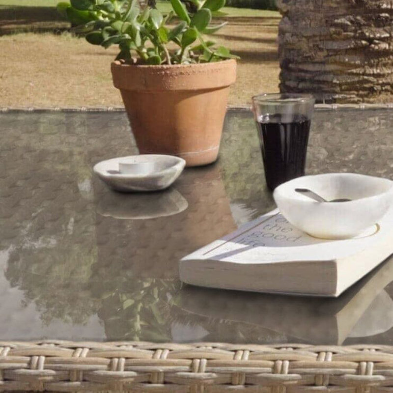 Bernardina All Weather Wicker/Rattan 9 - Person with Cushions & Parasol, White, Beige
