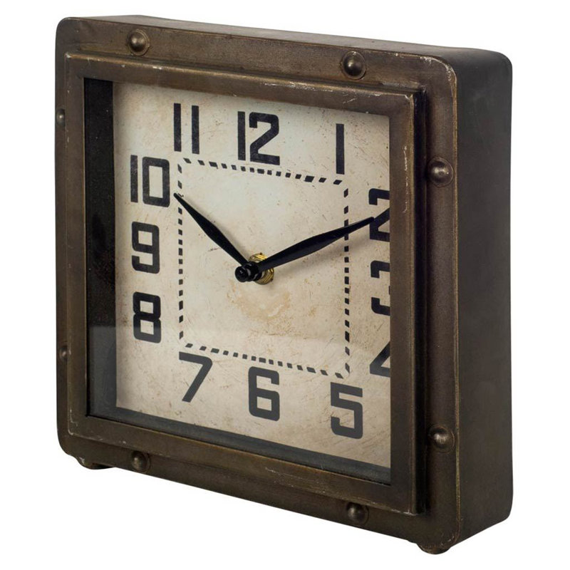 Industrial Analog Metal Quartz Movement / Crystal Tabletop Clock in Bronze, 8.5" H x 8.5" W x 2.5" D